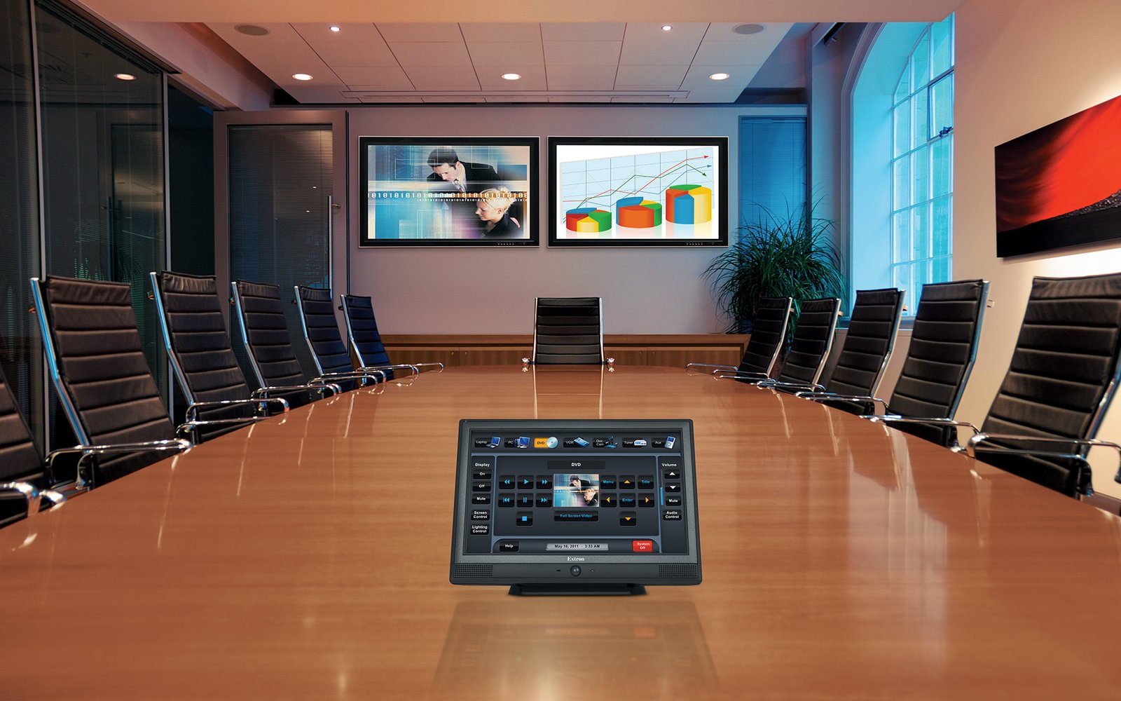 Conference stage with screen and podium microphone